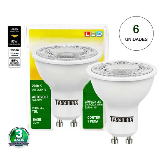 Kit 6 Lâmpadas Led Dicroica Mr16 Tdl 50 7w 2700k 127/220V
