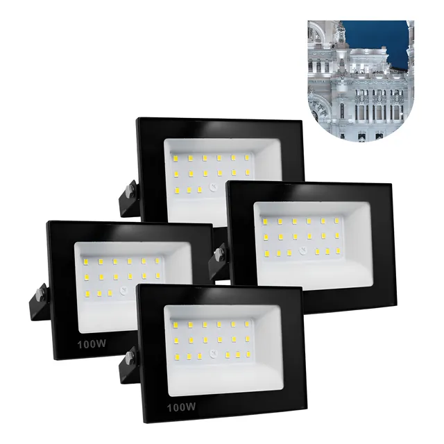 Kit 4 Refletor Led 100w Holofote Bivolt Prova D'água Frio 110v/220v (bivolt) Preto Branco-frio