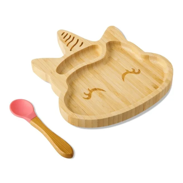 Plato Con Silicona Cuchara 100% De Bambú Para Bebé Color Uni