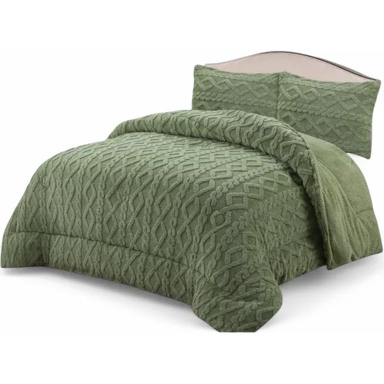 Cobertor De Invierno Trenzado 1.5 Plazas + 1 Funda Almohada Verde Texturizado
