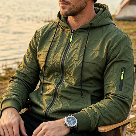 Jaqueta Masculina Acolchoada Com Capuz Zíper E Bolsos Armygreen L