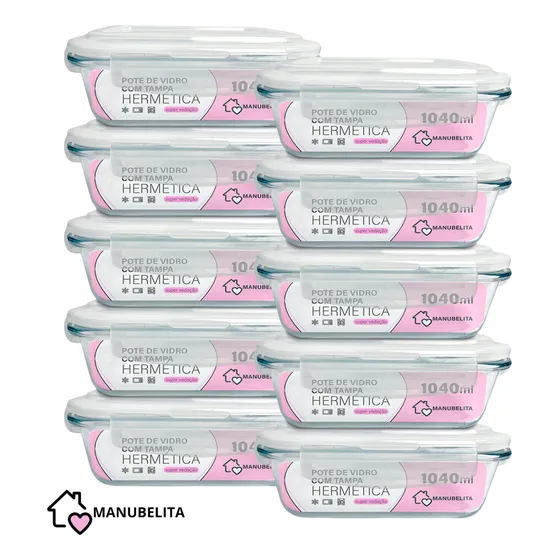 Manubelita Kit 10 Potes Vidro Hermético Marmita 1040ml