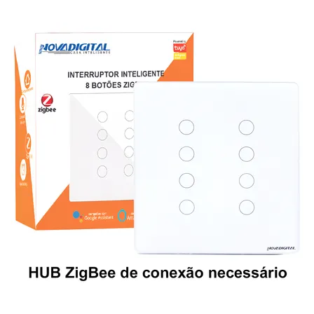 Interruptor Inteligente Zigbee Novadigital 8 Teclas Botões Touch Compatível Tuya Smart Life Alexa Google Voz 110v 220v Branco