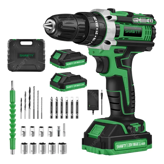 Shawty® Taladro Atornillador Inalámbrico De 3/8 10mm, 38 N.m 2 Baterías De 20v, 25+3 Taladros Rotomartillo Con Accesorios Y Cajas De Herramientas