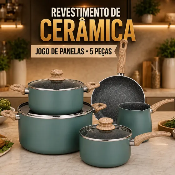 Jogo Panelas Kit 5 Peças Antiaderente Cerâmica Indução Gás