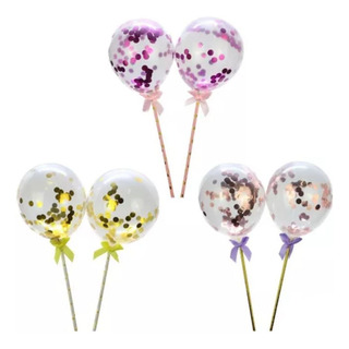 Topo De Bolo Kit Com 02 Bexigas Com Enfeites De Confete Topo De Bolo Kit Com 02 Bexigas Com Enfeites De Confete