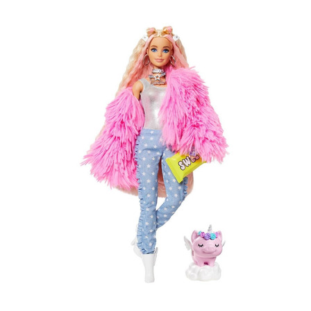 Barbie Extra doll # 3 in pink coat with pet unicorn-pig Mattel GRN28