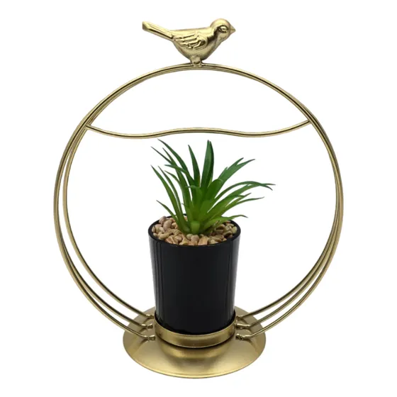 Figura Decorativa Candelabro Pajarito Dorado Con Mini Planta