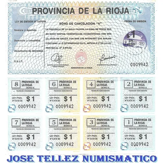 Bono La Rioja $1 Ley Prov N°5676/92 Año 1992 Unc Palermo