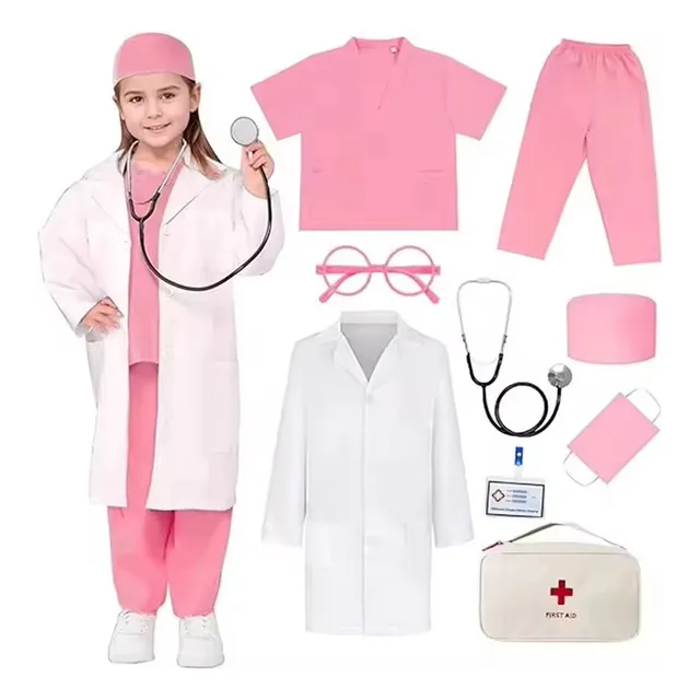 Disfraces De Cosplay De Enfermera Del Doctor Del Partido Del Carnaval Niños Top + Pantalones + Abrigo + Accesorios 9 Piezas Con Estetoscopio Real