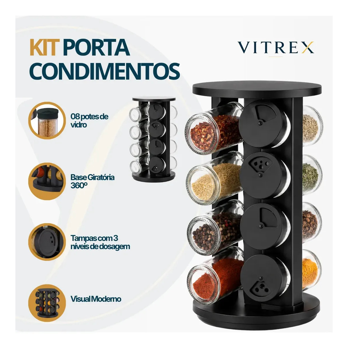 Kit Porta Condimentos Vitrex 8 Potes Em Vidro Preto Com Base Giratória