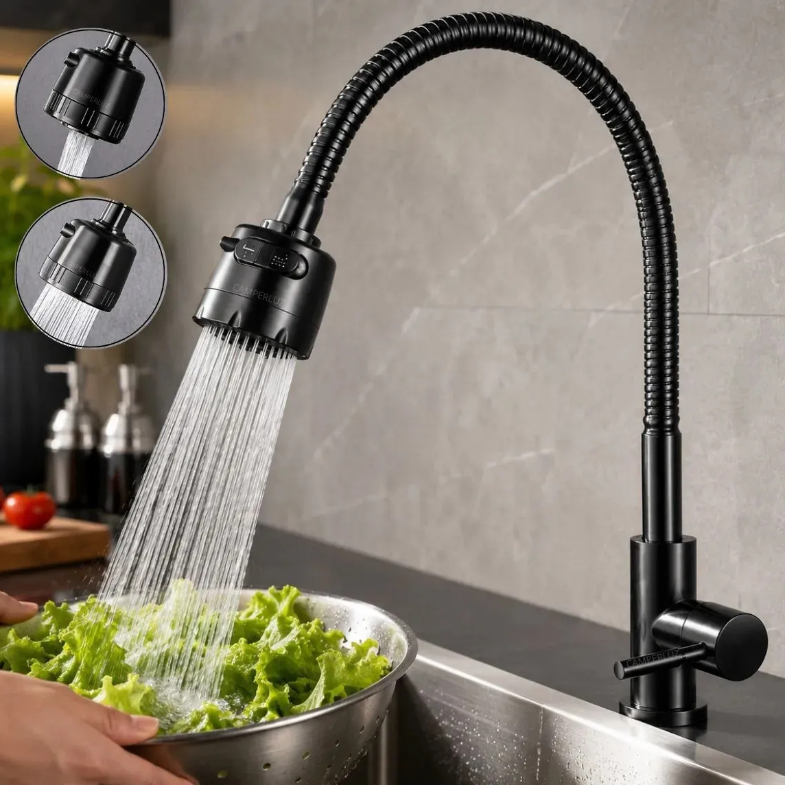 Torneira Gourmet Flexível Giratória Cozinha Pia Bancada Cuba 2 Jatos Preto - Marca Camperluz Torneira Gourmet Flexível Giratória Cozinha Pia Bancada Cuba 2 Jatos Preto - Marca Camperluz