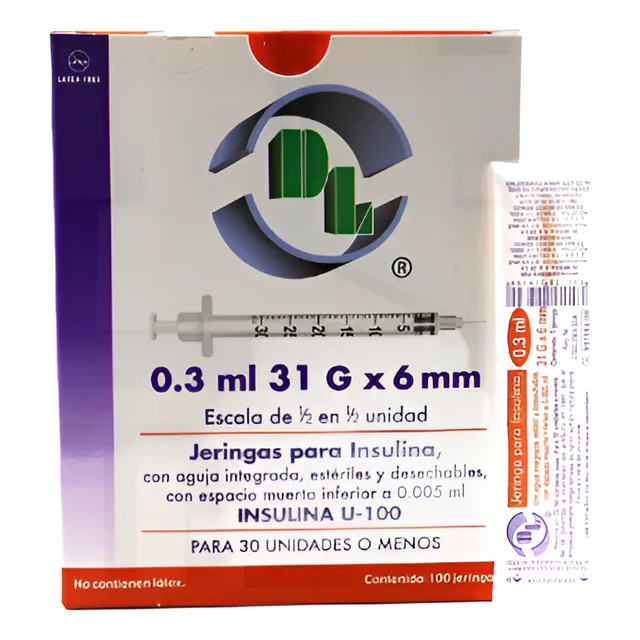 100 Jeringas Para Insulina 0.3ml 31gx6mm Dl