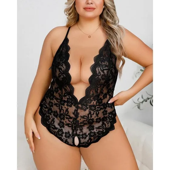 Sexy Conjunto De Lencería Encaje Con Descote En V Talla Plus