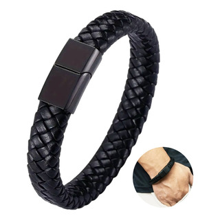 Pulsera Hombre Ecocuero Negro Trenzado Con Clip Pulsera Hombre Ecocuero Negro Trenzado Con Clip