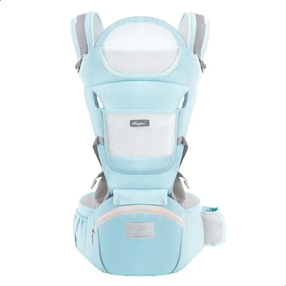 Bolsa Canguru Ergonômico Bebê Mãe Premium, 12 posições, 3 em 1, Bolsos Frontais e Laterais, Proteção e Segurança, Cor Azul