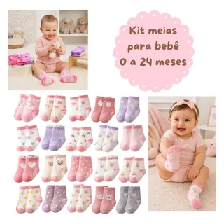 Meia Bebê Kit 12 Pares Antiderrapante Confortáveis E Macias Colorida Variadas 12 A 24 Meses