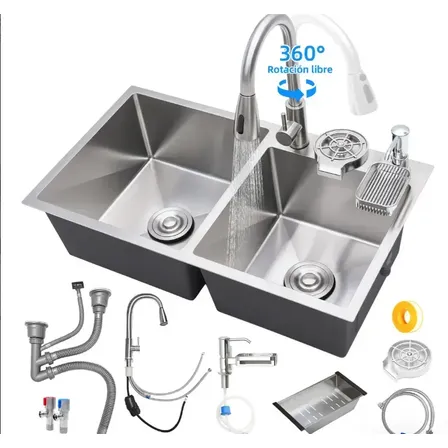 Cuba Dupla Cozinha Inox Aço 304 Escovada 80X45X22Cm Kit Completa Com Torneira Extensível 3 Modos Jato, Lavador De Copos, Dispenser Sabão Com Suporte, Cesta Drenante E Acessórios