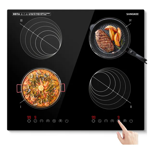 Sangkee Parrilla De Induccion Electrica De 4 Zonas Con Dos Enchufes, Estufa Táctil Con Digital Sensor 3600w, Control Independiente, Ahorro De Energia, Bloqueo De Seguridad Para Niños