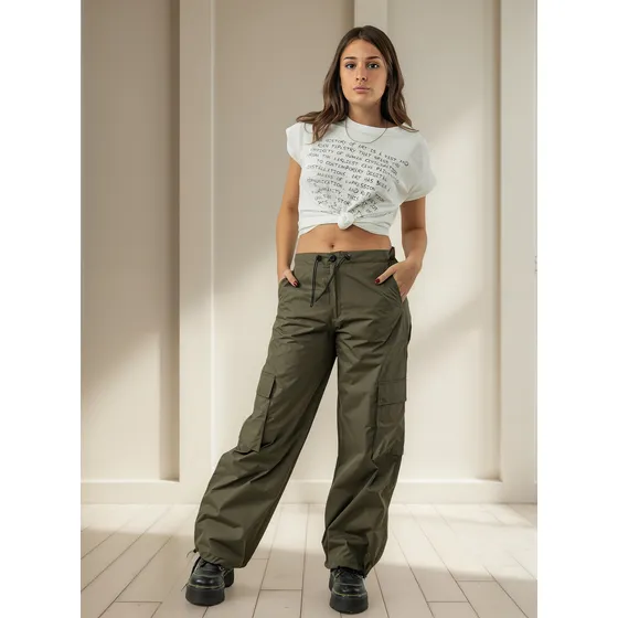 Pantalon Parachute De Ciré Cargo Con Elastico Byh