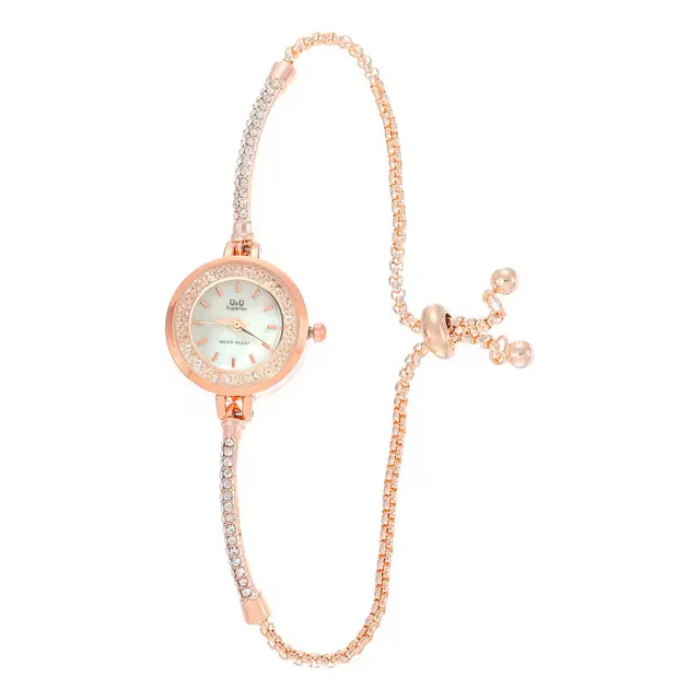 Reloj Q&q Qyq Murano Elegante Star Diamond Mujer +estuche Correa Oro Rosa Fondo Blanco