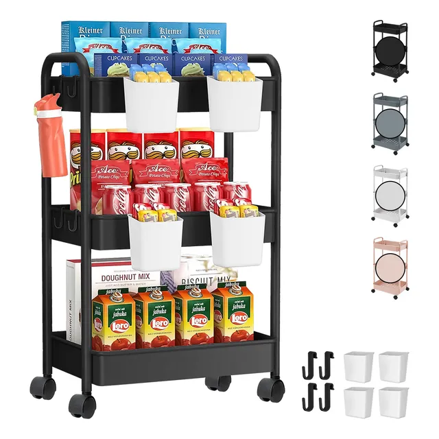 Carrito Organizador Multiusos 3 Niveles 4 Cestos y Ganchos Auxiliar Ruedas 360 Desmontable Soporta 13kg 72x37x21cm Blick Color Negro COP-01