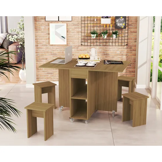 Mesa De Jantar Dobravél Jade Compacta Com Bancos- 120cm