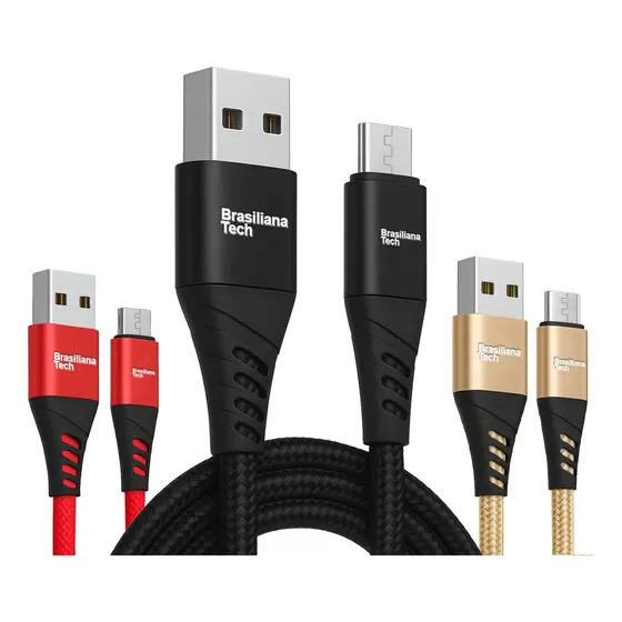 Cabo Tipo C Turbo 2 Metros Kit com 3 Cabos Carregador Rápido Cabo Usb Reforçado Carga Acelerada Sincronização De Dados Resistência Máxima Longa Duração Uso Diário Intenso Confiável Brasiliana Tech