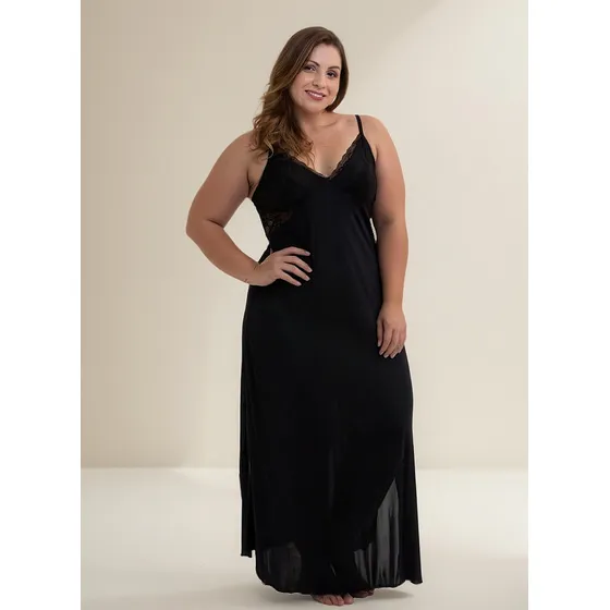 Camisola Longa Com Renda Preto Liganete Sepie  Plus Size