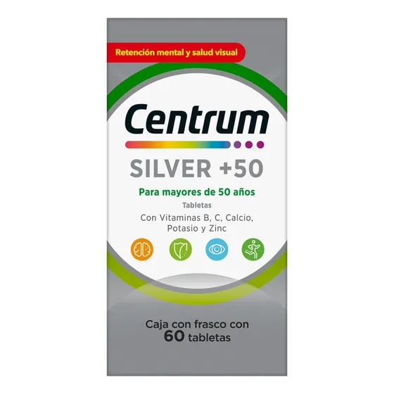 Multivitamínico Centrum Silver +50 Adultos con Vitamina B Vitamina C Calcio Potasio y Zinc 60 Tabletas