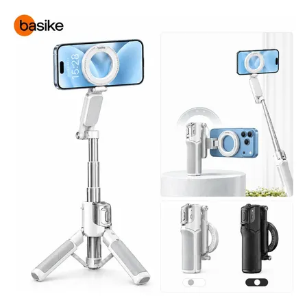 Tripé De Celular Bastão Selfie Magnético Basike com Controle Remoto Bluetooth, Rotação 360°, Suporte Portátil Ajustável para iPhone e Android, Ideal para Fotos, Vídeos, Vlogs, Lives e Gravação, Branco