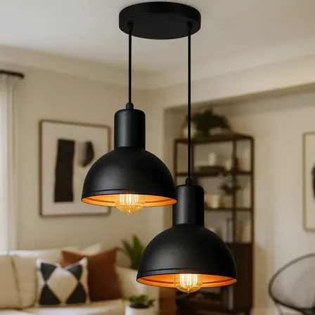 Luminária Lustre Pendente Joana Dupla Preto e Cobre Moderna Para Teto Sala Cozinha Bancada Gourmet Quarto Decoração - Bivolt - 110-220V