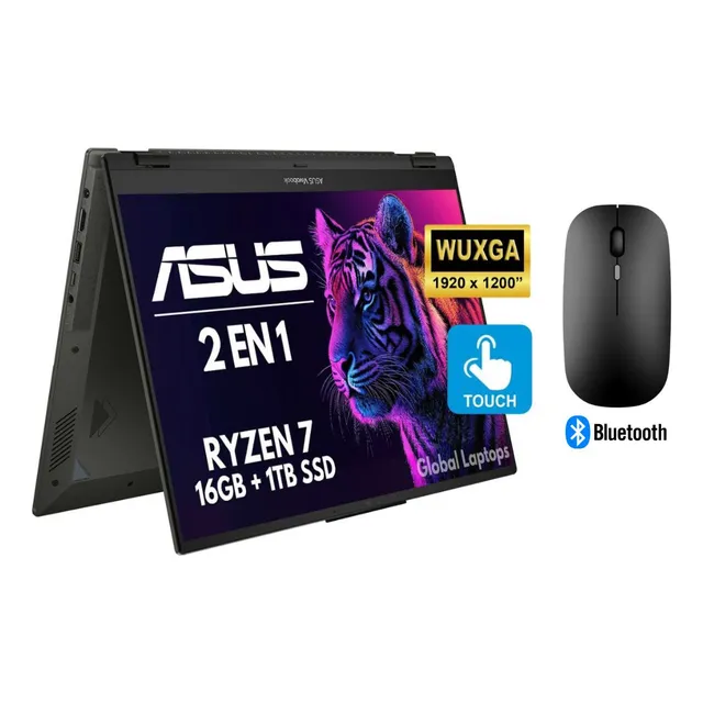 Asus Vivobook X360 Amd Ryzen 7 7730u Gamer 16 GB Ram 1 TB Ssd Pantalla Flip 16 Wuxga 1920 X 1200 Touch 2en1 Amd Radeon Graphics Incluye Windows 11 Laptop TN3604YA-CS71t Con Mouse De Regalo