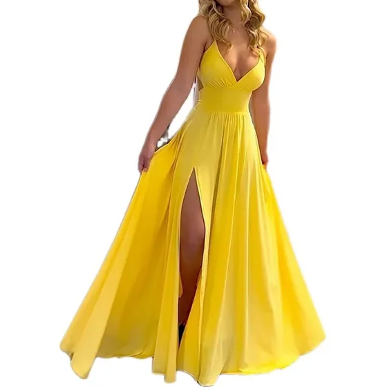 . Vestido De Cor Sólida Com Fenda E Alças