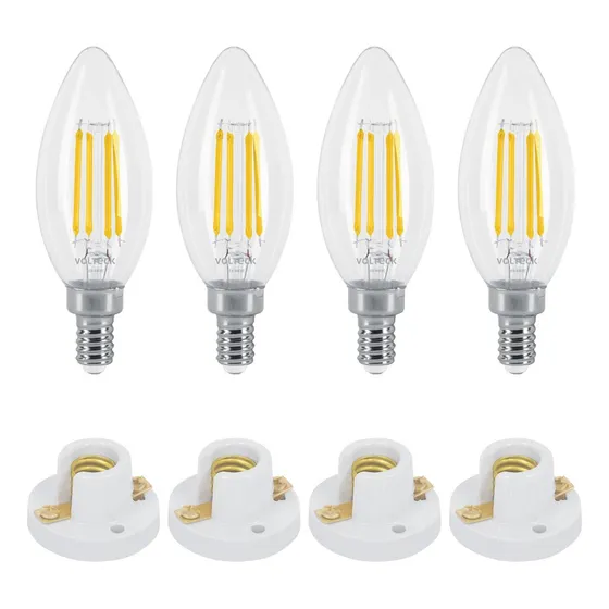 Focos Led Tipo Vela, Luz Cálida 4pz + 4 Sockets De Porcelana
