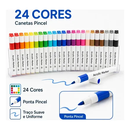 Caneta Marcadora Acrílica 24 Cores Canetinha Ponta Pincel Profissional Para Desenho Pintura Colorir Artesanato Madeira Vidro Plástico Metal Resina Scrapbook Marca Texto Estojo