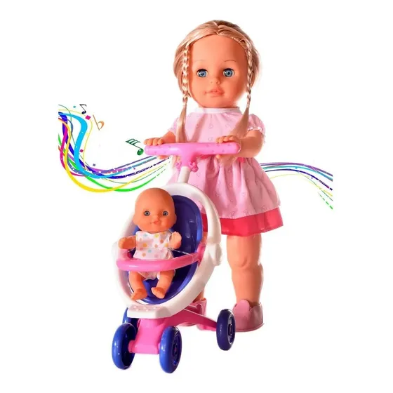 Muñeca Sofi Camina Y Canta C/ Hermana Bebe Cochecito Lalelu