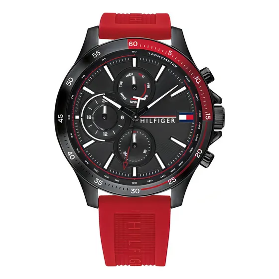Relógio Tommy Hilfiger 1791722 vermelho, cor de fundo masculina, cor preta, pulseira, cor vermelha, moldura, cor preto/vermelho