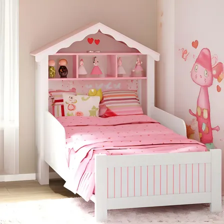 Comprelar Cama Solteiro Montessoriana Casinha Princesa Para Meninas Com Grade De Proteção Quarto Infantil Com Prateleiras Cor Branco/rosa