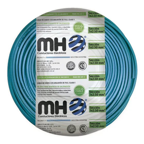 Cable Unipolar 2.5 Mm Cat. 4 Iram Mh Rollo X 100mt Cubierta Celeste