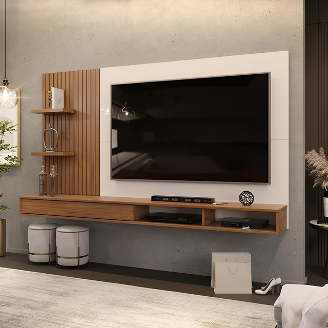 Painel Suspenso Tv 60 Pol Bento Freijó Off White Dj Móveis Branco E Marrom-claro Painel Suspenso Tv 60 Pol Bento Freijó Off White Dj Móveis Branco E Marrom-claro