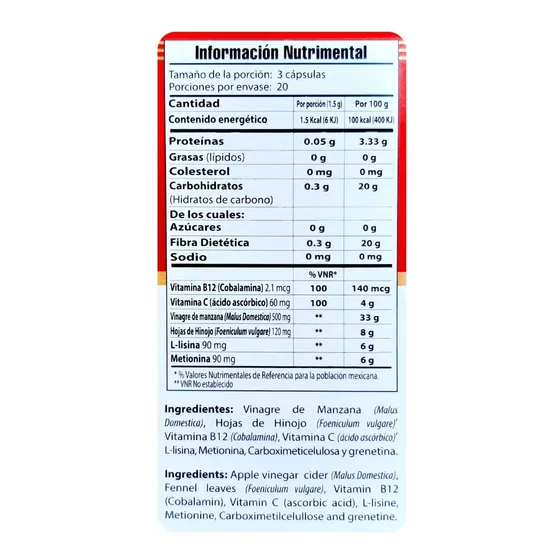 Vinagre De Manzana Hinojo Vitaminas Y Aminoacidos 60 Caps Sabor Sin Sabor