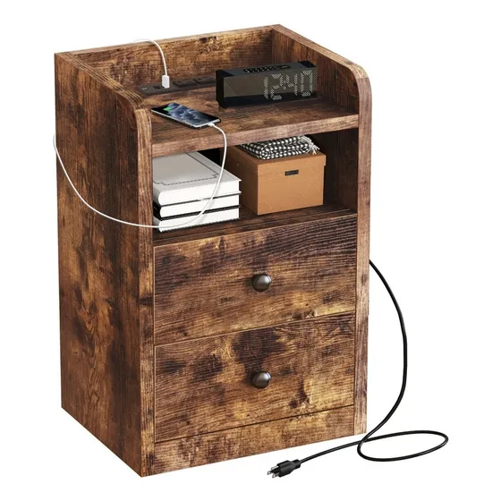 Buro Mesa De Noche De Madera Rustico Y Estación De Carga Usb Color Café Fabato FA2121-BRN