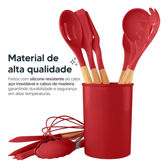 Kit 12 Utensílios Cozinha Silicone Cabo Madeira Resistente