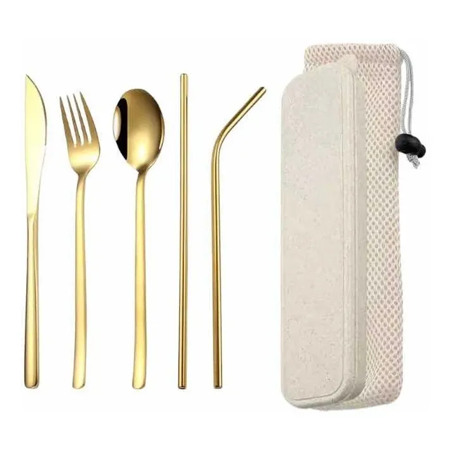 Set Cubiertos Acero Inoxidable + Pitillos +caja Trigo+ Tela