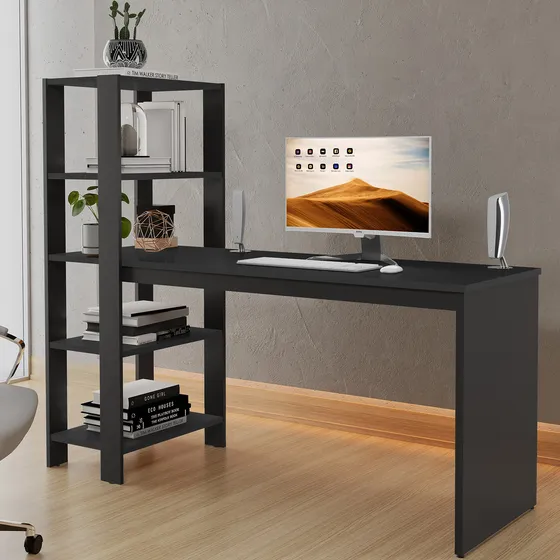 Escrivaninha Mesa Para Quarto E Escritório Milão Com Prateleiras Cor Preto