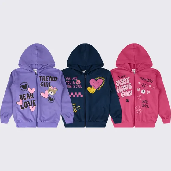 Kit 3 Jaqueta Moletom Infantil Juvenil Menina Ziper Feminino