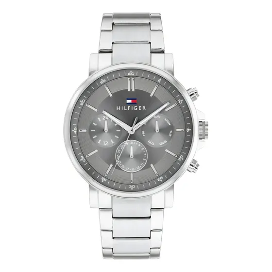 Reloj Tommy Hilfiger 1710604 Hombre Acero Multifuncion Malla Plateado Bisel Plateado Fondo Gris