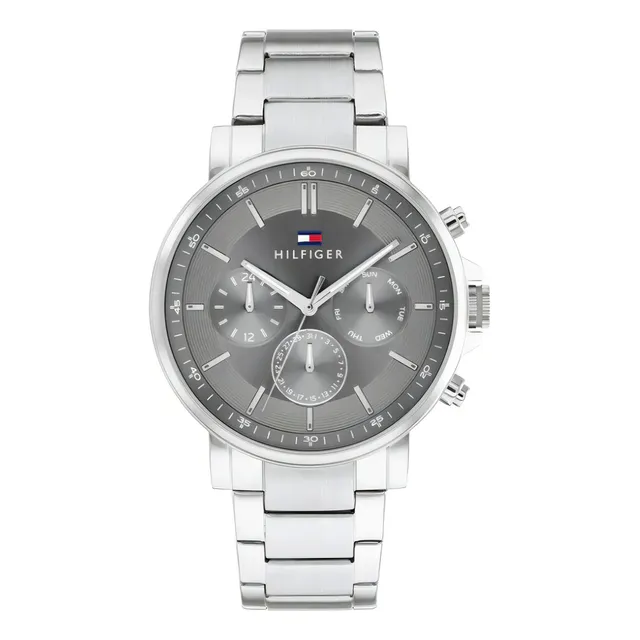 Reloj Tommy Hilfiger 1710604 Hombre Acero Multifuncion Malla Plateado Bisel Plateado Fondo Gris