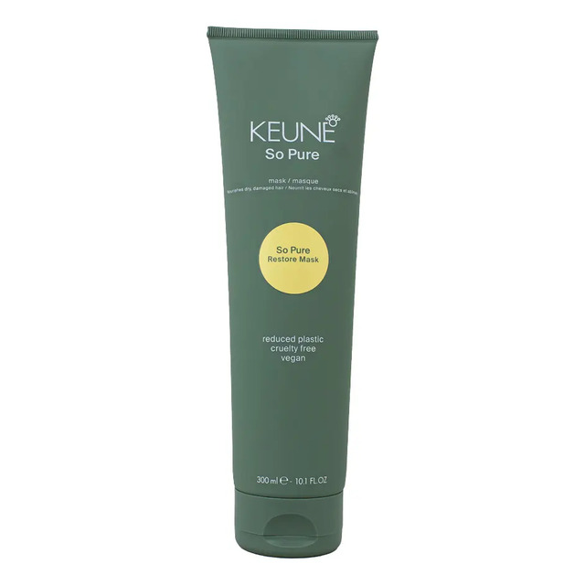 Embalagem em formato de bisnaga na cor verde oliva da máscara capilar Keune So Pure Restore de 300ml com rótulo centralizado em círculo amarelo.